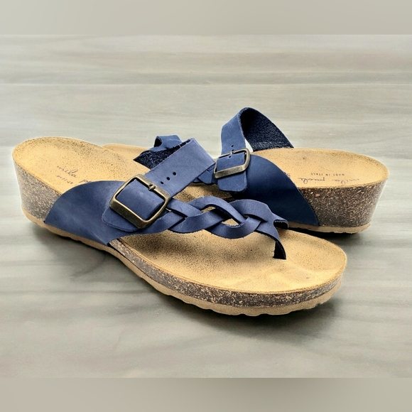 Mila Paoli Women 9.5 Cork Wedge Leather Sandals Blue Toe Wrap Braid Buckle Strap - Picture 11 of 11